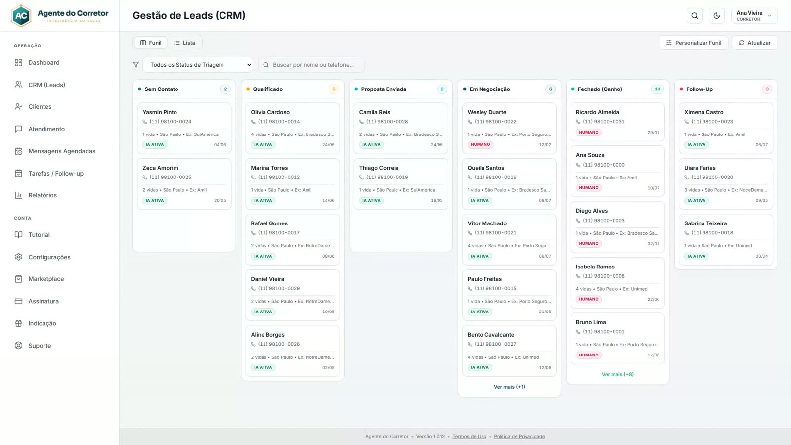 Funil de vendas em quadro kanban, com as etapas do corretor e os cartões de lead distribuídos entre elas.